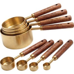 Gold Measuring Cups and Spoons Set 8 Piece, Stainless Steel with Natural Wooden Handles, 4 Cups and 4 Spoons, Engraved mL and Cup/tsp Measurements, Nesting Design for Cooking and Baking