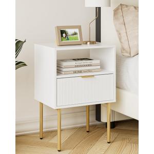 Night Stand, Modern Nightstand with Drawers, Bedside Table, Gold Small Side Table for Bedroom, Living Room End Table (White Stripe, 1 Drawer)