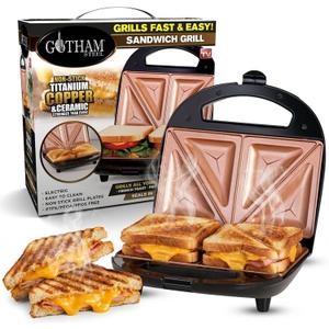 Gotham Steel Nonstick Panini Press Sandwich Maker, 2in1 Breakfast Sandwich Maker Grill / Sandwich Press Grill with Indicator Light, Grilled Cheese Maker Makes 2 Sandwiches with Easy Cut Edges, Black