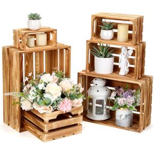 Set of 6 Decorative Wood Crates for Storage Display Rustic Nesting Crates with Handle Farmhouse Wooden Storage Container Boxes for Wedding Decorations Christmas Party Supplies(Light Burnt)