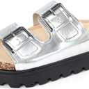 Chunky Platform Sandals for Women, Waterproof Non-Slip Rubber Sole, Adjustable Double Buckle, Arch Support Open Toe Slide Sandals, Comfortable Black Wedge Sandals for Women (9, Cork Silver)