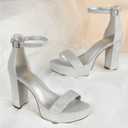 Ankis Chunky Platform Heels - 4 Inch Block Heeled Sandals for Women - Comfortable Open Toe Strappy Heels - Black, Nude, White, Silver, Gold - Summer Dress Shoes (Gray) 8