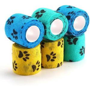 WePet Pet Wrap, Self-Adhesive, Only Sticks to Itself, Non-Woven Tape for Dog Legs, Paws, Wounds, First Aid Cohesive Gauze for Horse, Cat, Bird, Animal, 6 Rolls, 2 Inch, Pawprints A