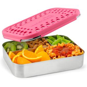 LunchBots Large Cinco Stainless Steel Lunch Container - Five Section Design Holds a Variety of Foods - Metal Bento Box - Dishwasher Safe - Stainless Lid -Pink Dots