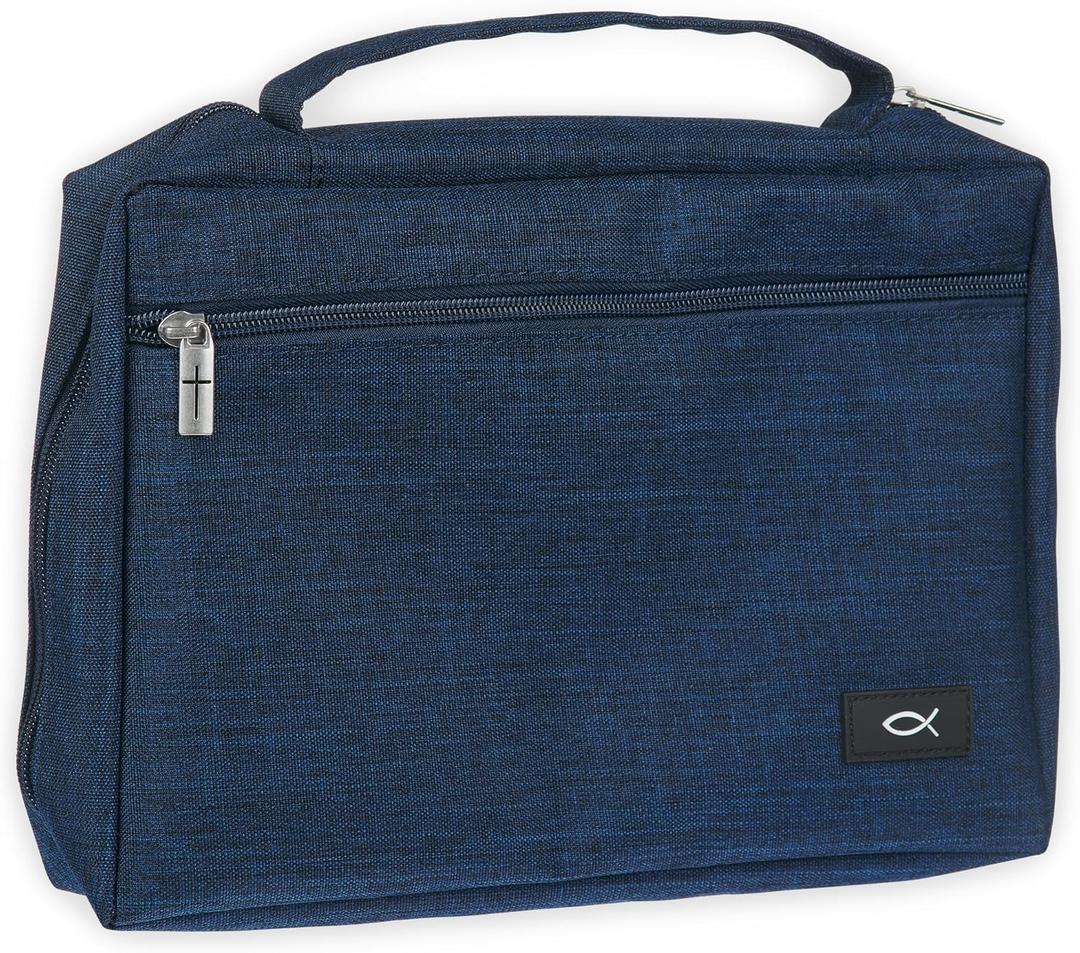 Christian Art Gifts Polyester Bible Cover for Men & Women w/Jesus Fish Patch, Zipper Pocket, Pen Loops, Easy Carry Book Case for Stationery, Accessories, Navy Blue, Small