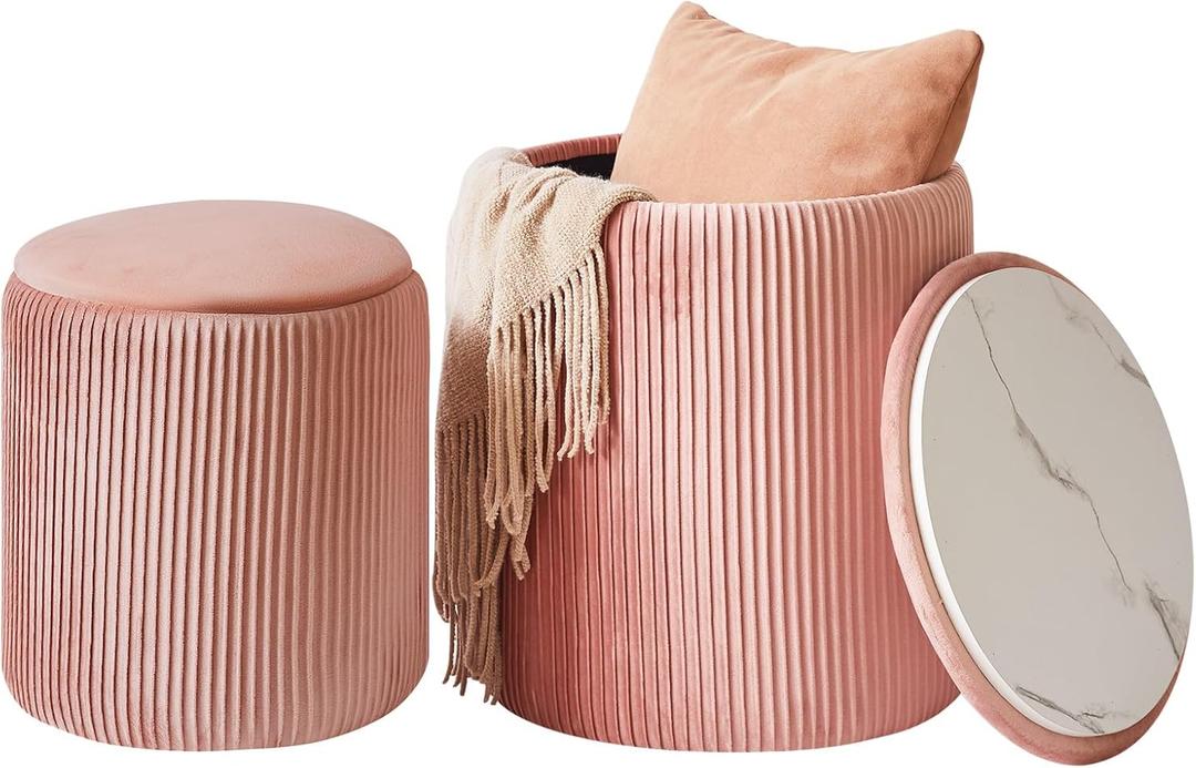 IBUYKE Storage Ottoman Set of 2 Round Ottoman for Dorm Vanity Stool with Storage Velvet Footrest Stool End Table Boucle Ottoman Seat Pink UWBD005P