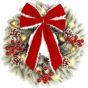 Pre Lit Christmas Wreaths for Front Door, Lighted Christmas Wreath Ornament with Lights Large Door Wreath with Red Bowknot Berries Pine Cone Decorative Wreaths for Holiday Home Decoration