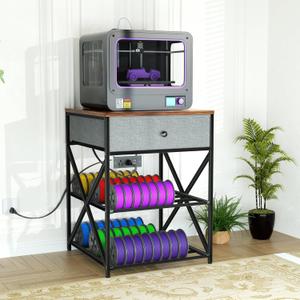 DALEMHOME 3D Printer Stand with Storage, 3D Printer Table with Power Outlet, Sturdy Metal Frame Workstation with Fabric Drawer for 3D Printing, Rustic Brown, 23.6" L x 23.6" W x 31.5" H