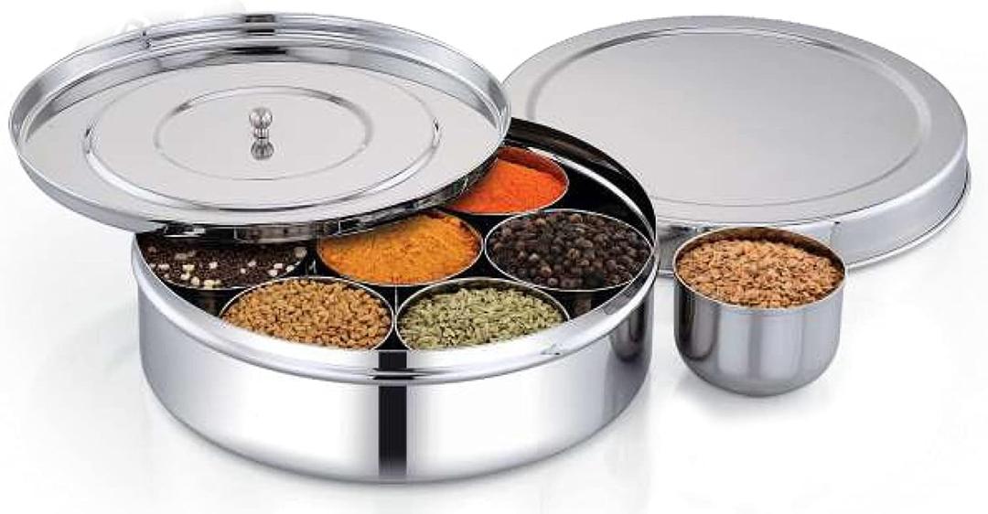 Stainless Steel Spice Box with Steel lid and 7 Containers and 1 Spoon for Home/Office/Kitchen or Multi Purpose Use Indian Masala Dabba (8 Inch)