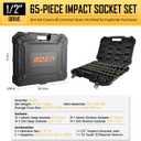 BOEN 1/2" Drive Impact Socket Set, 65-Piece Standard SAE (3/8" to 1-1/4") & Metric (10mm-24mm) Deep & Shallow Socket with Paint-Filled Markings, Includes Extensions, Ratchet, Adapter & Universal Joint
