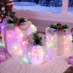 TOWPONICS Set of 3 Lighted Gift Boxes, Christmas Decorations Outdoor with 60 LED Multi-Color String Lights, Light Up Present Boxes with Silver Tinsel for Christmas Tree Holiday Home Porch Mantel Decor