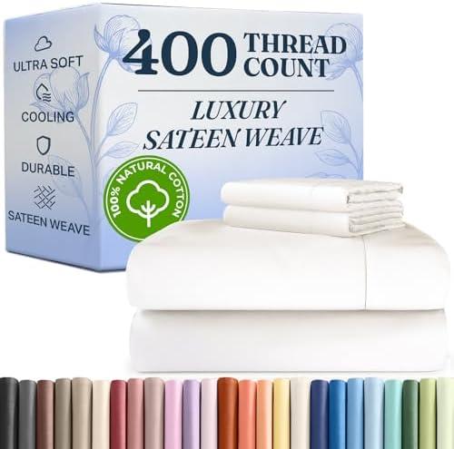 400 Thread Count Cotton Sheet Set - Cal King Size 100% Cotton Sheets - Easily Fits 8" to 16" Mattress - Silky-Soft, Wrinkle Free, Breathable & Comfy - Deep Pockets & Hotel Quality Bedding Set - White