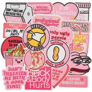 20 PCS Pink Funny Embroidered Iron On Patches for Clothes, Backpacks, Jackets, Hats, Jeans, Girly Meme Sew On Applique Patches for Girls