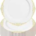 Goodluck 100PCS White and Gold Plastic Plates  10.25 Heavy Duty Disposable Dinner Plates & Party Plates for Weddings, Parties, Events  Elegant, Sturdy