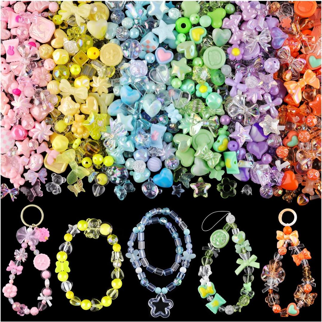 Assorted 260-320PCS Acrylic Beads For Bracelet Making, Flower Bow Butterfly Candy Gummy Bear Kawaii Aesthetic Beads,Cute Beads For Jewelry Making DIY Necklace Keychain Phone Charm(6 Colors) (6 COLOR SERIES-PINK+PURPLE+GREEN+BLUE+YELLOW+ORANGE)
