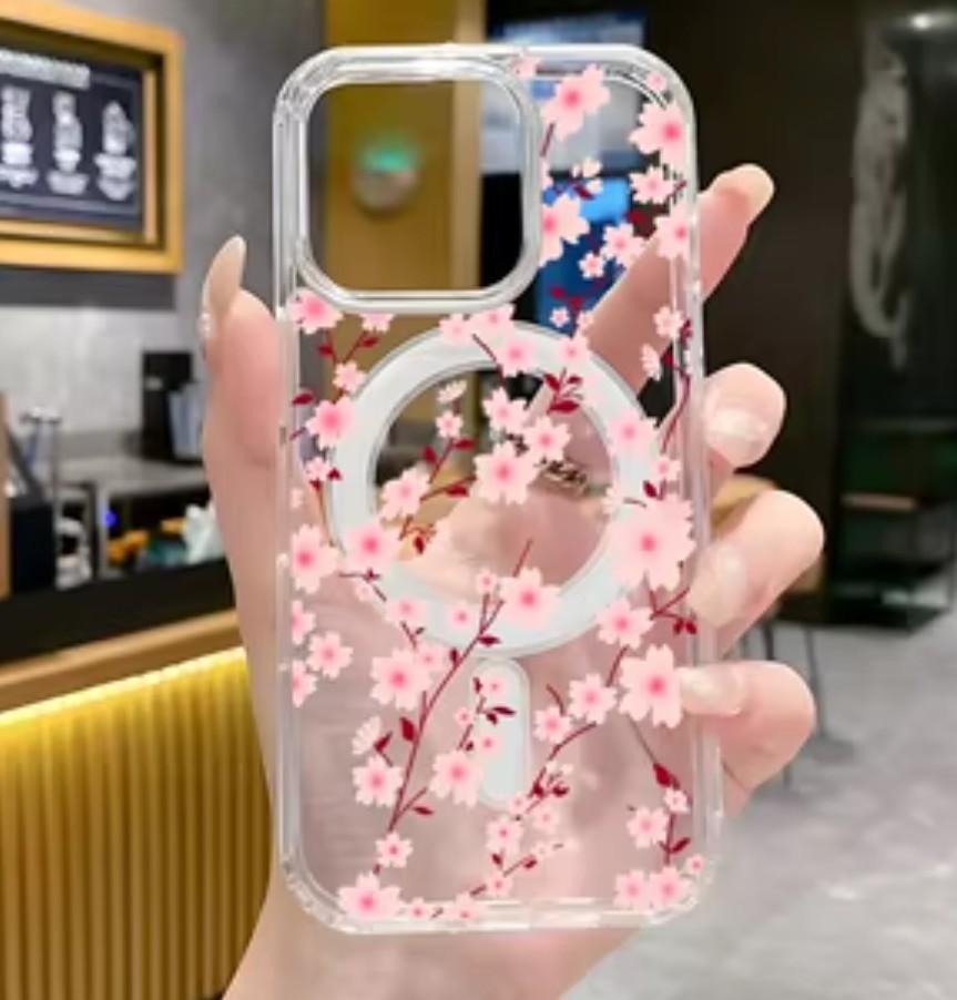 AIGOMARA Phone Case Made for iPhone 16 Pro Max 6.9 Inch [Compatible with MagSafe] Pink Floral Cherry Blossom Design Soft TPU and Hard PC Clear Case Shockproof Anti-Scratch Phone Cover for Women