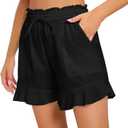 Womens Linen Shorts Wide Leg High Waisted Ruffle Drawstring Summer Beach Flowy Shorts with Pockets (Medium, Black)