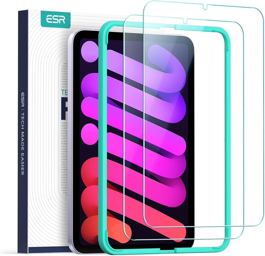ESR 2 Pack Screen Protector for iPad Mini 7 (A17 Pro), iPad Mini 7th/6th Generation(8.3 inch, 2024/2021), Tempered Glass with Alignment Frame, Anti-Scratch, HD Clear, Apple Pencil Pro/USB-C Compatible