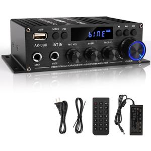 Romicta Stereo Audio Amplifier, 2.0 CH Mini Home Audio Bluetooth 5.0 Stereo Receivers with 400W, FM, AUX, USB, Microphone Input, 12V 5A Power Supply, Power Amplifier for Car Home Bar Party