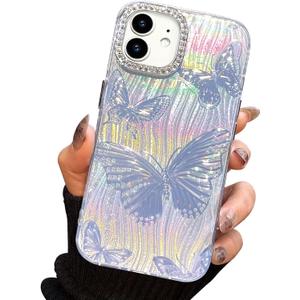 I-MGAE-IN-AR Designed for iPhone 12 Case, Designed for iPhone 12 Pro Case, Cute Soft Slim TPU Shockproof Protective 3D Diamond Camera Lens Protection Frame Butterfly Phone Cases Women Girls Silver