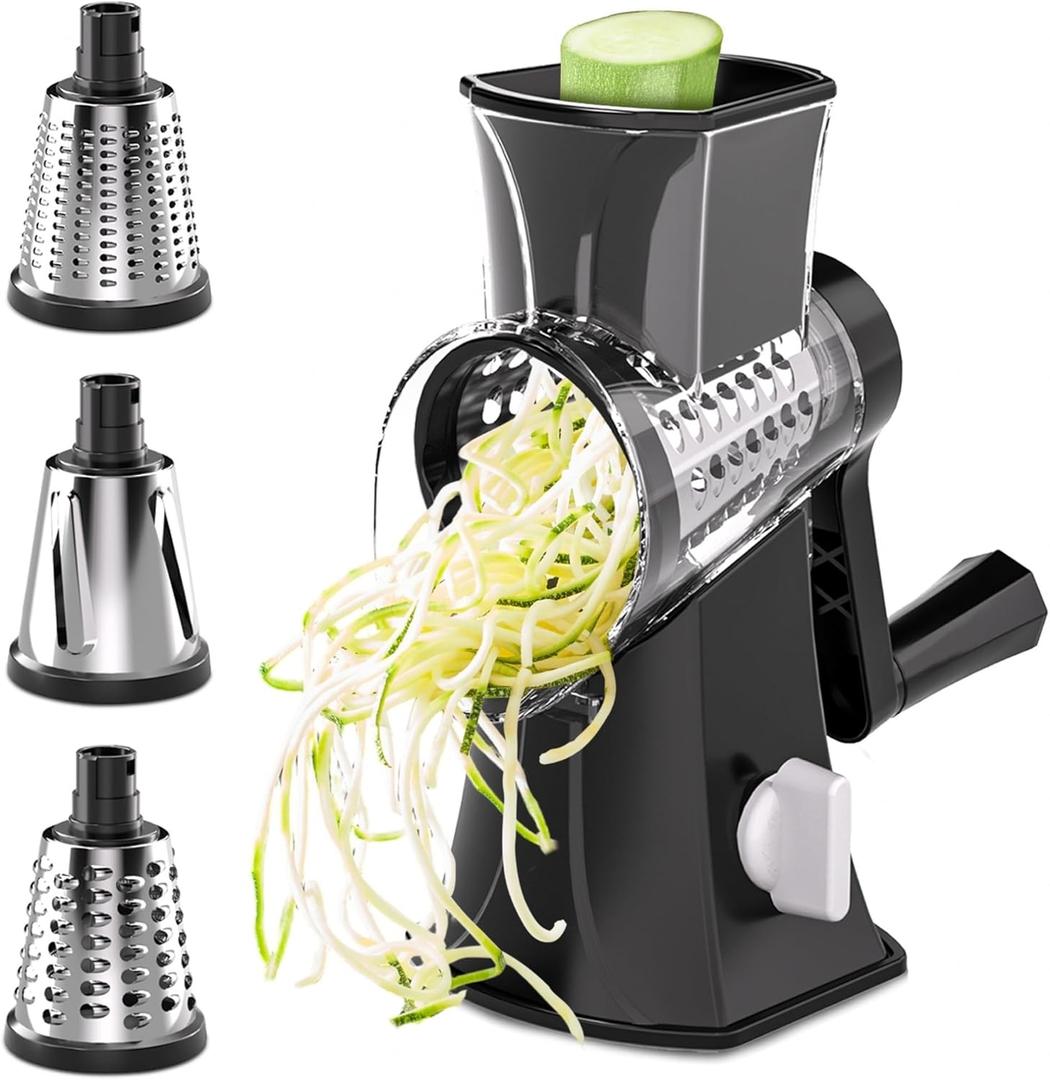 Rotary Cheese Grater, 3 in 1 Cheese Grater Replaceable Stainless Blades Cheese Shredder, Vegetable Slicer, Non-slip Suction Base, Easy to Clean Kitchen Gadgets