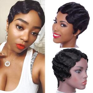 Short Mommy Pixie Cut Human Hair Wigs Brazilian Human Hair Wig for Black Women Color Black Ocean Finger Wave Wig(1B#)