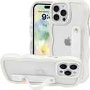 NITITOP Compatible with iPhone 12 Pro Max Case with Wrist Strap Kickstand Clear Cute Wave Wavy Frame for Women Girls Two-in-one Back Shockproof Protective Phone Cover - White