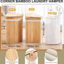 Gueevin Corner Laundry Hamper with Lid and 2 Removable Cloth Liners Bamboo Corner Laundry Basket Collapsible Clothes Basket Storage Bin for Bedroom Bathroom Living Room (Wood Color)