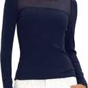 Darong Women Mesh Top Sexy Long Sleeve Sheer Shirt Crew Neck Fitted Top Side Ruched Shirt 9222 Dark Blue XL