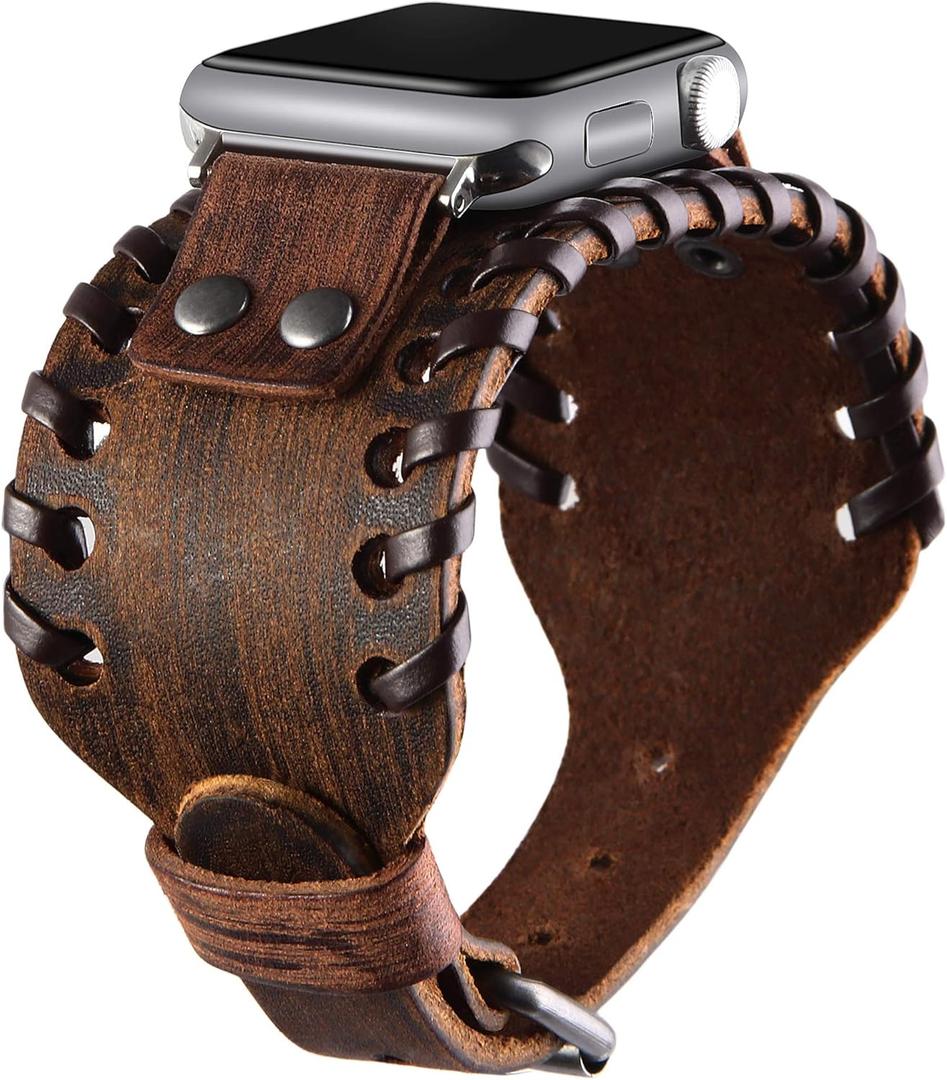 VIQIV Wide Cuff Bracelet Leather Band Compatible with Apple Watch 38mm 40mm Sports Watches for Men Women, Unisex Retro Replacement Wrist Strap for iWatch Series SE 6/ 5/ 4/ 3/ 2/ 1, Brown