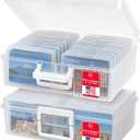 IRIS USA 4" x 6" Photo Storage Box Craft Keeper, 2-Pack, Transparent Handle Container with 16 Organization Cases for Pictures, Crafts, Scrapbooking, Stationery Storage and Organization, Clear