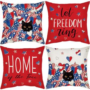 CRASHOT 4th of July Pillow Covers 18x18 Inch, 4 Pcs Patriotic Black Cat Decorative Pillowcases with American Flag Stars and Hearts, Independence Day Cushion Covers for Sofa