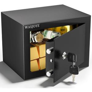 WASJOYE Home Small Safe Box - Key Lock Coffre Fort Steel High Security Safety Box, 0.23 Cubic Feet Steel Safes for Home/Office/Hotel, Small Hidden Safe Box for Money Cash Jewelry Medicine Passport