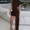 Ophestin Women's Sleeveless Ruched Bodycon Mini Dress Irregular Sexy Elegant Flowy Cocktail Party Club Dresses, L (Brown)