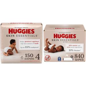 Huggies Skin Essentials Bundle: Huggies Skin Essentials Baby Diapers, Size 4 (22-37 lbs), 150 Count & Baby Wipes, 15 Flip-Top Packs, 840 Count (15 Packs of 56)