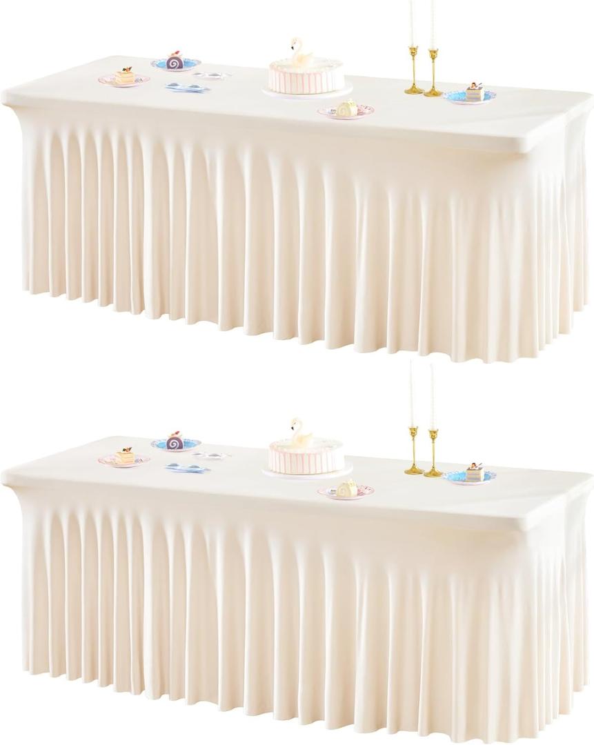 2 Packs Ivory Table Clothes for 6 Foot Rectangle Tables, One-Piece Wrinkle Resistant Stretch Spandex Table Covers with Skirt for Event Banquet Wedding Birthday Party