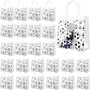 Demonwer 24 Pcs Soccer Clear Goodie Bag with Handles PVC Sport Theme Goodie Treat Candy Bags Reusable Party Favor Bag for Team Birthday Gifts 8×8×3.2 Inch