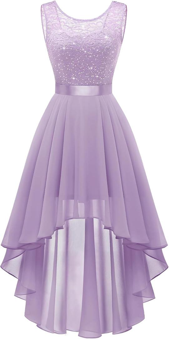 BeryLove Summer Wedding Guest Formal Cocktail Dresses Sequin Prom Party Lace High Low Bridesmaid Elegant Dress (Purple, L)