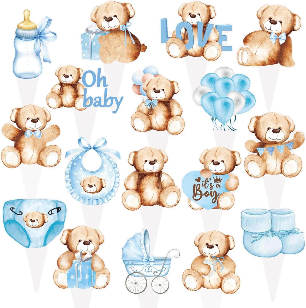 48Pcs We Can Bearly Wait Cupcake Toppers Teddy Bear Birthday Party Supplies Glitter Teddy Bear Cupcake Toppers Decorations for Baby Shower Bear Theme Birthday Party Gender Reveal Party Supplies (Blue)