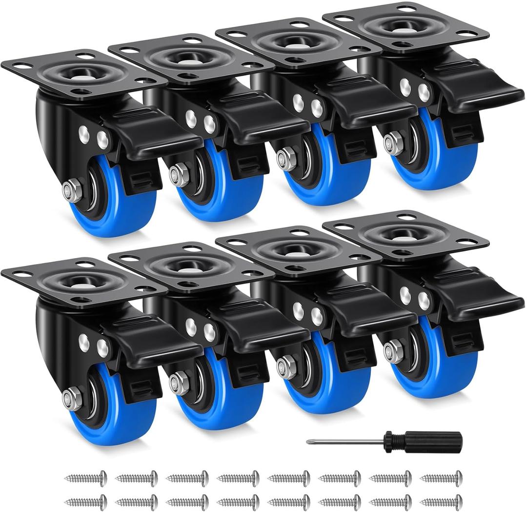 2 Inch Caster Wheels, Locking Casters Set of 8 Heavy Duty 1200Lbs, Safety Swivel Casters with Brake, No Noise Top Plate Castors for Furniture, Carts and Workbench
