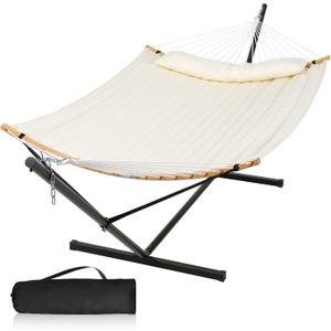 Outdoor Hammock with Stand Included, Two Person Hammock with Curved Spreader Bar, Pillow and Portable Bag, 450 Lbs Capacity, Beige