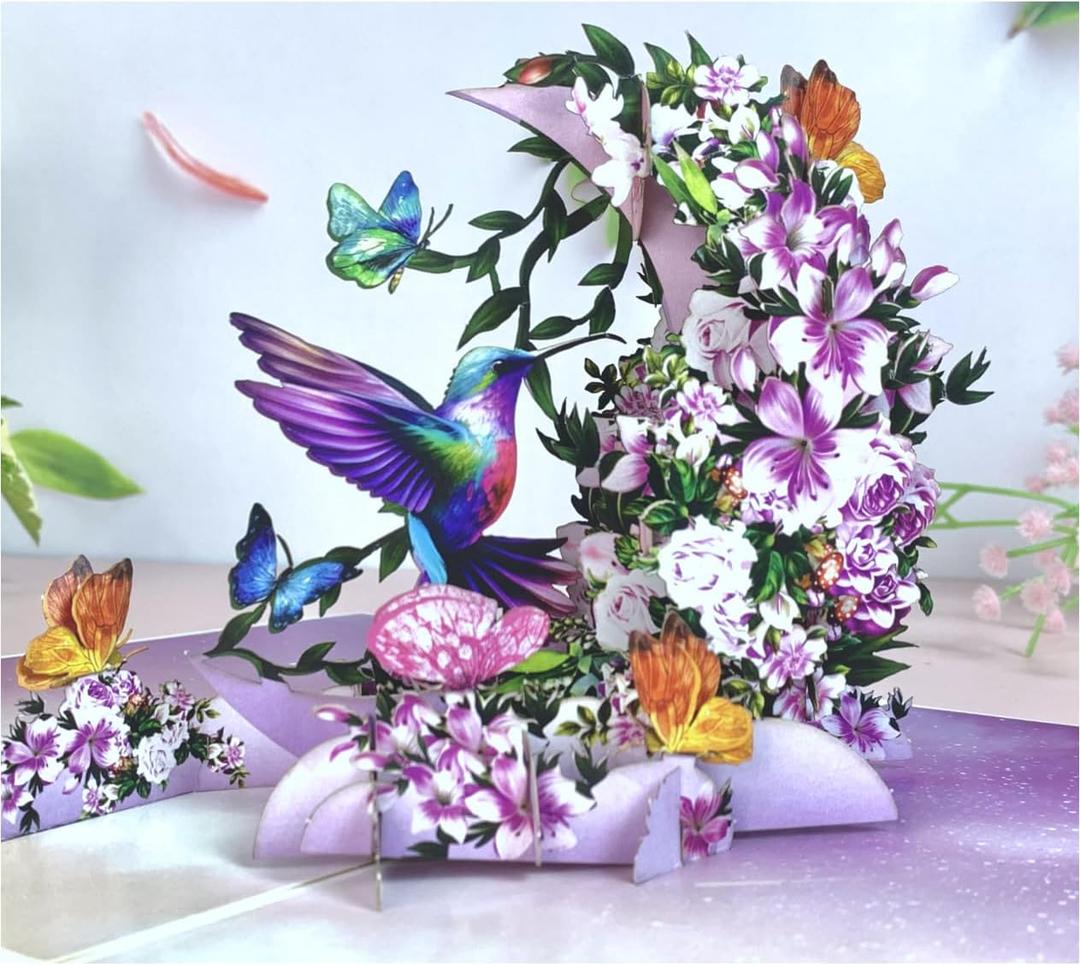Humming Bird Pop Up Card, 19.5 Inch Real Sized Display 3D Valentine Greeting Card, Paper Flower Bouquet, Gift for Valentines Day, Birthday, Mothers Day, Includes Envelope & Message Note