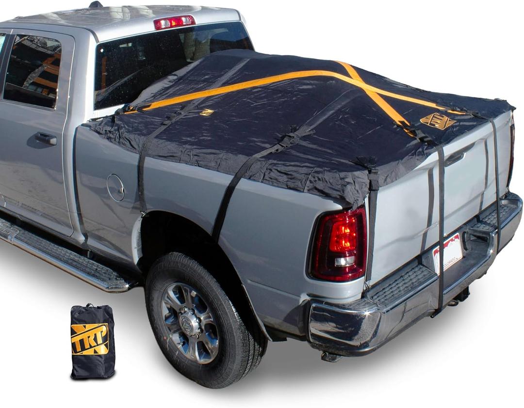 The Heavy Duty X-Cover by TRPx - Trailer and Truck Bed Cover Large - Integrated Heavy Duty Black Tarp and Tie Down System. Fits: Standard Bed, Long Bed Trucks and Utility Trailers up to 8' Long.