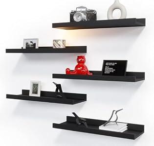 RICHER HOUSE 5 Set White Floating Shelves, Wall Mounted Shelves for Wall Decor, Modern Picture Ledge Shelf with Lip for Storage Nursery, Bedroom, Living Room, Bathroom - Black