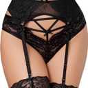 Lace Garter Belt with Metal Clips, Black Mesh Suspender Belt for Thigh Highs, 4 Straps,large