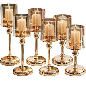 Gold Hurricane Candle Holders - Set of 6 Tall Candlestick Holders Windproof Taper Candle Holders, Metal Stand for Table Centerpiece Outdoor Indoor Wedding Party Holiday Decor