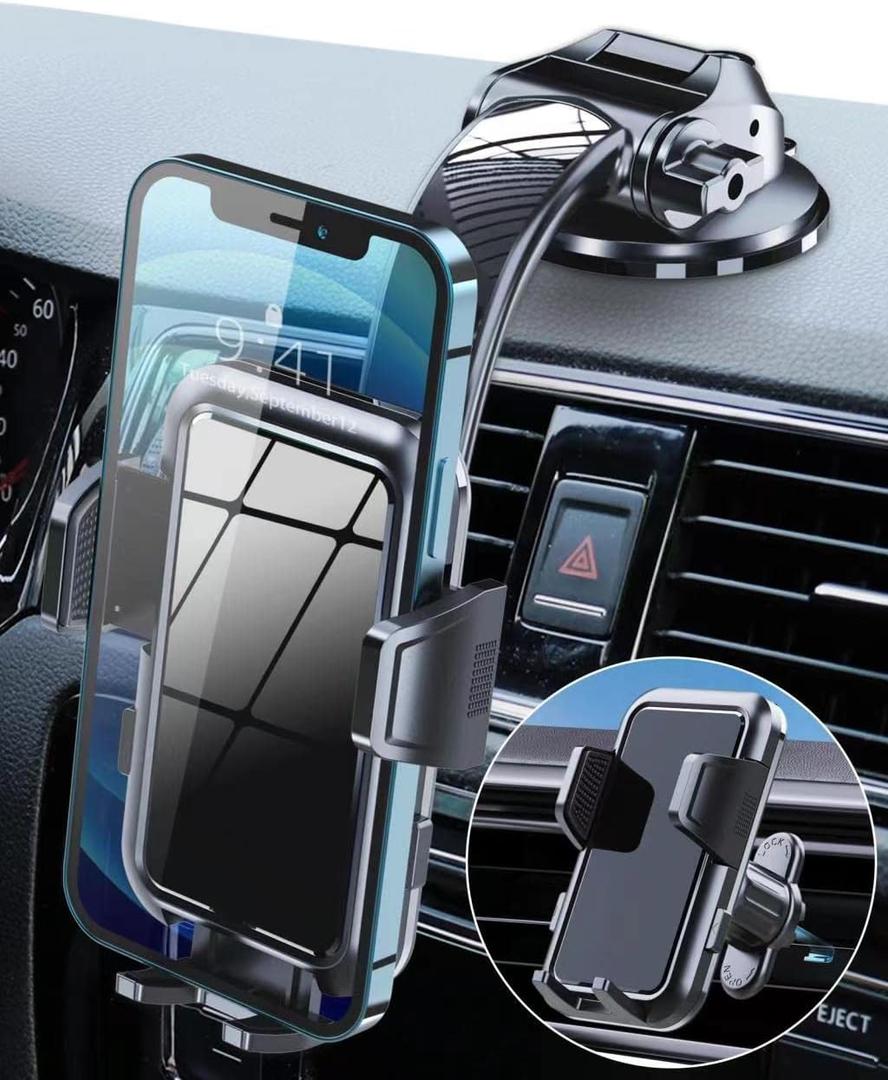 Phone Mount for Car Phone Holder Mount for Dashboard Windshield Vent, Military Grade Suction & Metal Hook, Handsfree Stand Cell Phone Holder Car Accessories for iPhone