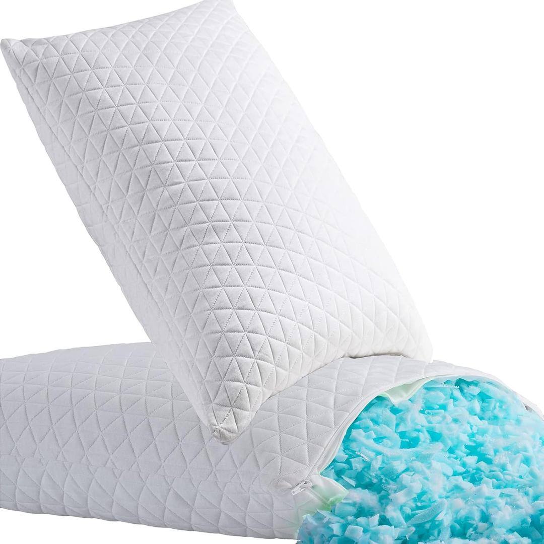 Shredded Memory Foam Pillows for Sleeping,Bed Pillows King Size Set of 2 Pack Cooling Adjustable,Good for Side and Back Sleeper with Washable Removable Cover (White)