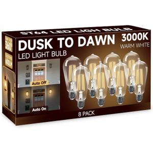 Dusk to Dawn Light Bulbs: Outdoor Light Bulbs, 6W Equivalent 60W Edison Bulbs, 3000K Warm White, Vintage 600LM LED Outdoor Lighting, E26 Base, Photocell Sensor, Automatic Bulb for Porch Patio, 8 Pack