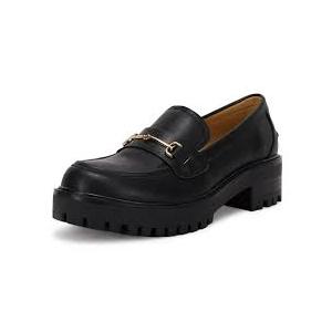 Womens Lug Sole Platform Mid Chunky Heel Loafers Classic Round Toe Slip On Office Uniform Oxfords Shoes with Metal Chain,  8.5
